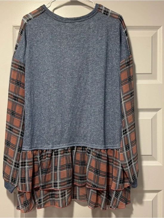 Umgee Blue Knit Top with Brown Plaid Ruffle Details - Picture 6 of 10